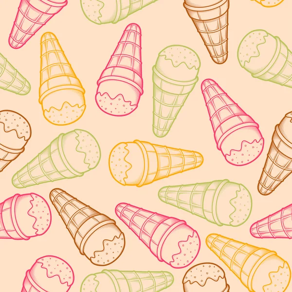 Detailed graphic ice cream cone seamless pattern. Colorful outlines. Light background. Vector illustration. — Stock Vector