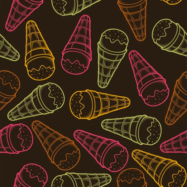Detailed graphic ice cream cone seamless pattern. Colorful outlines. Dark background. Vector illustration. — Stock Vector
