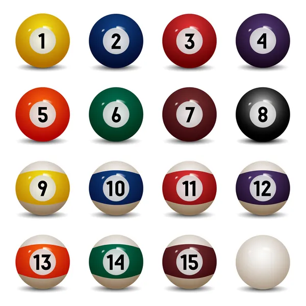 Απομονωμένη χρωματιστές μπάλες πισίνα. αριθμούς 1 έως 15 και μηδενική μπάλα. εικονογράφηση φορέας — Διανυσματικό Αρχείο