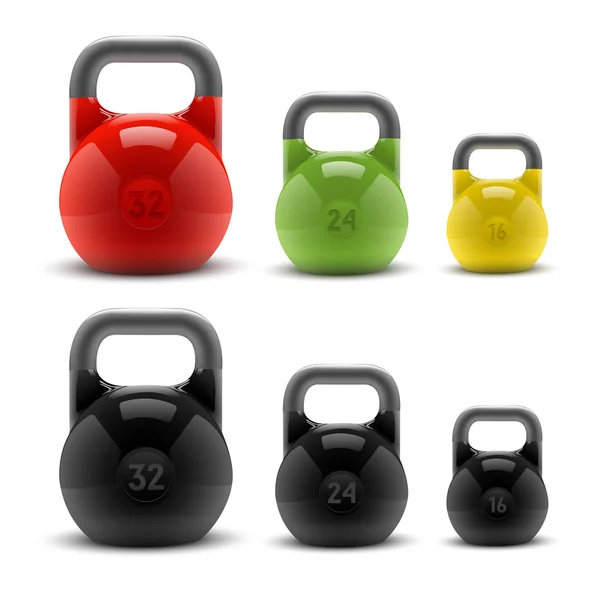 Collezione di realistici kettlebells classici isolati su sfondo bianco. Simbolo fitness. Illustrazione vettoriale — Vettoriale Stock