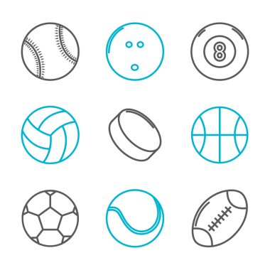 basit şık spor Icons set (beyzbol, bowling, Bilardo, voleybol, hokey, basketbol, futbol, tenis, Amerikan futbolu). vektör çizim