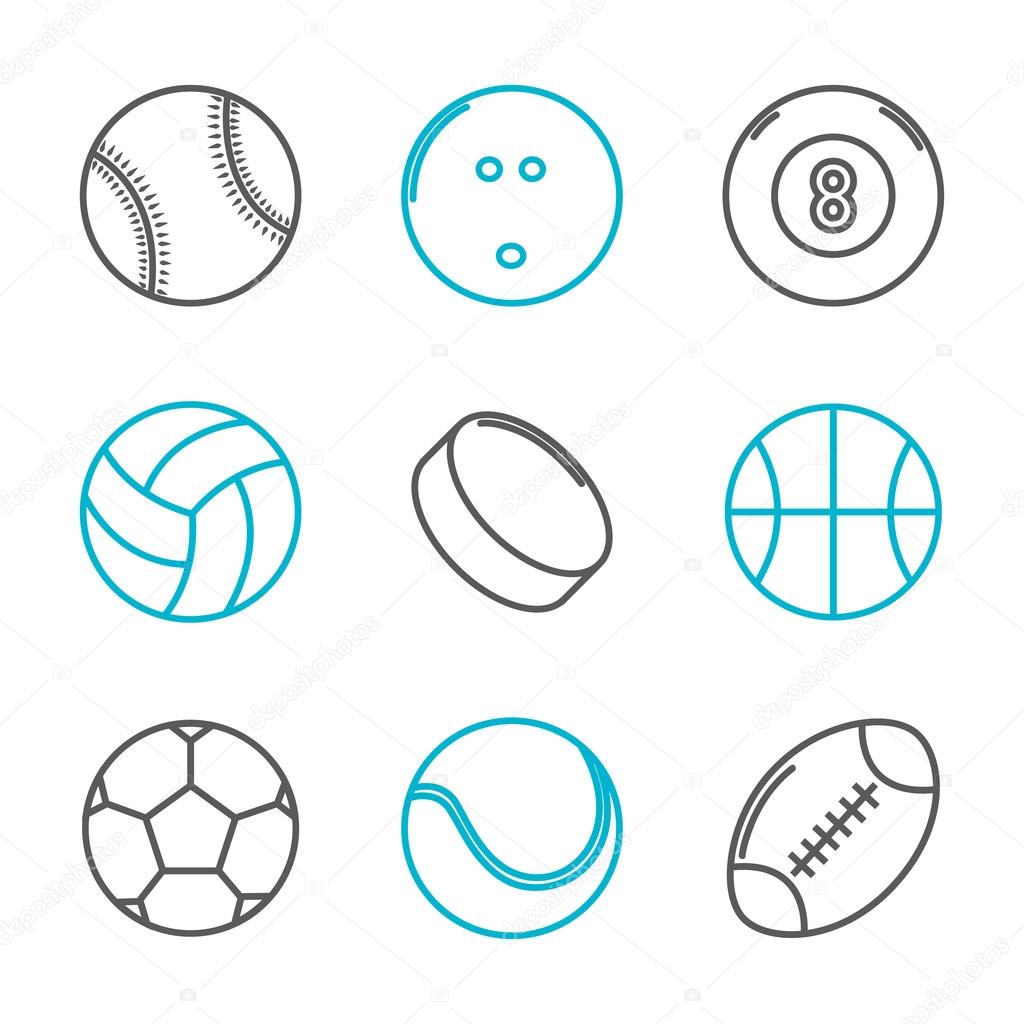Simple trendy sport icons set (baseball, bowling, billiard, volleyball, hockey, basketball, soccer, tennis, american football). Vector illustration