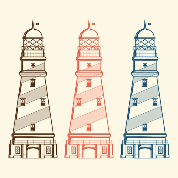 Retro lighthouses set isolated on white background. Line art. Modern design. Vector illustration — Stock Vector