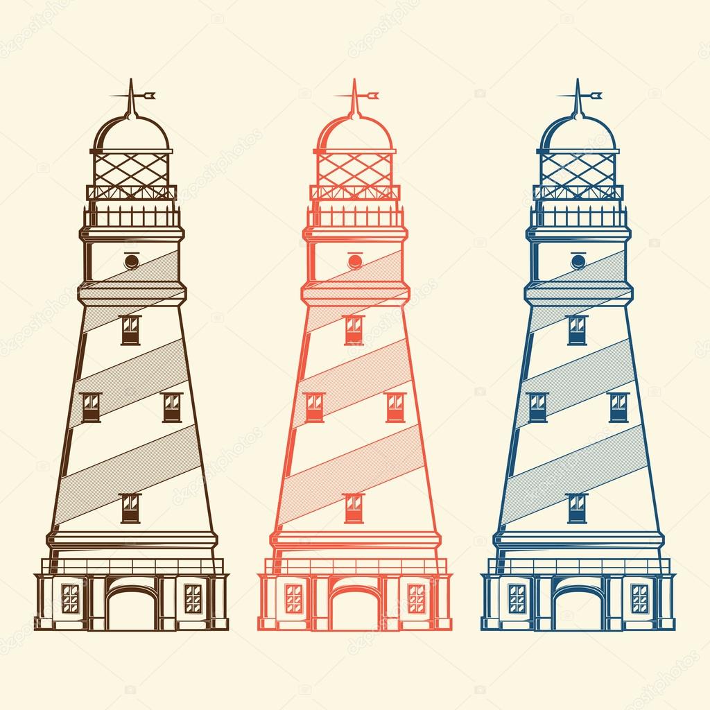 Retro lighthouses set isolated on white background. Line art. Modern design. Vector illustration