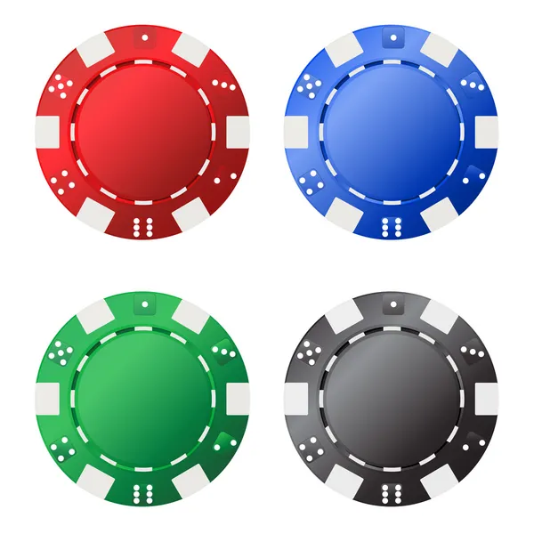 Quattro chip di gioco (rosso, blu, verde, nero) per i tuoi disegni isolati su sfondo bianco. Illustrazione vettoriale — Vettoriale Stock