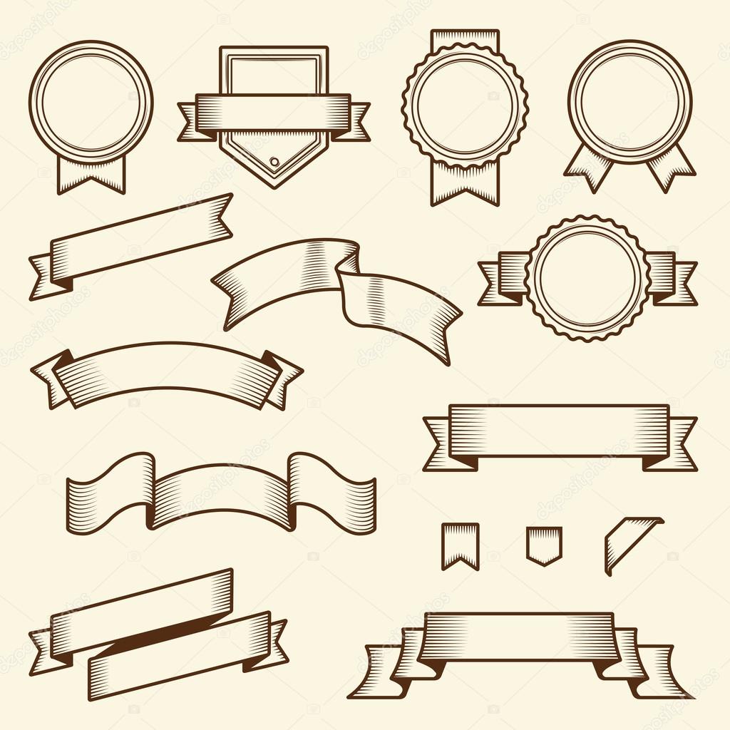 Set of vintage ribbons and labels isolated on white background. Line art. Modern design. Vector illustration