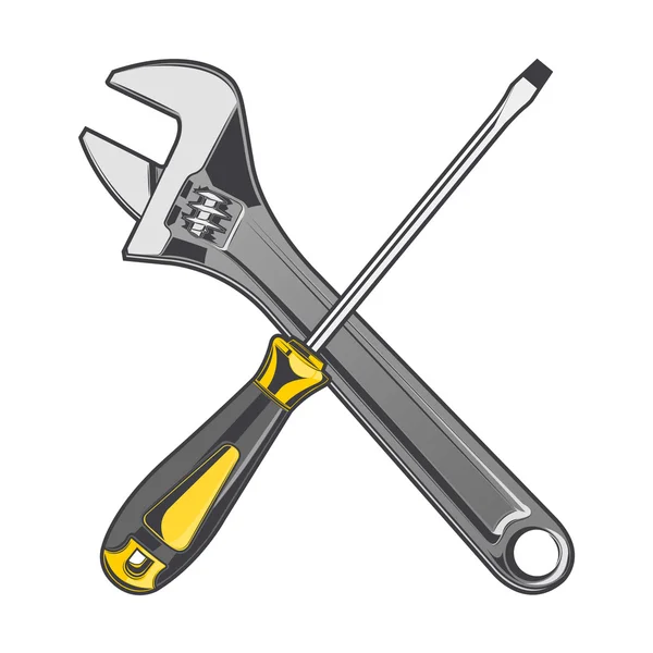 Wrench and yellow screwdriver isolated on a white background. Color line art. Vector illustration — Stock Vector