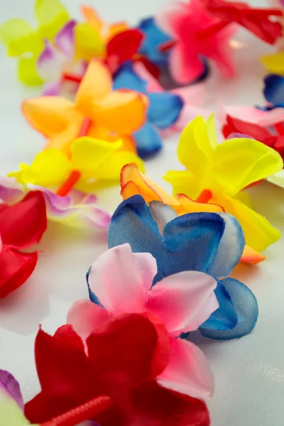 Primer plano lei hawaiano colorido con flores brillantes sobre fondo blanco — Foto de Stock