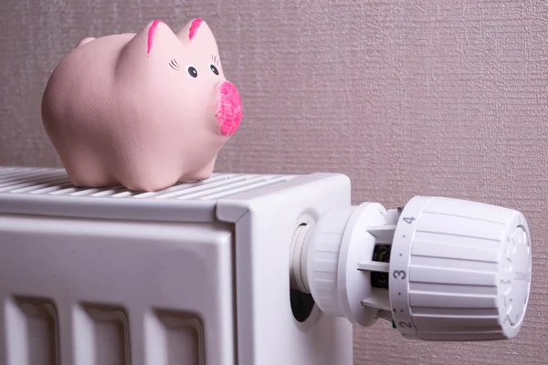Pink Piggy banco economizando eletricidade e custos de aquecimento, close-up — Fotografia de Stock