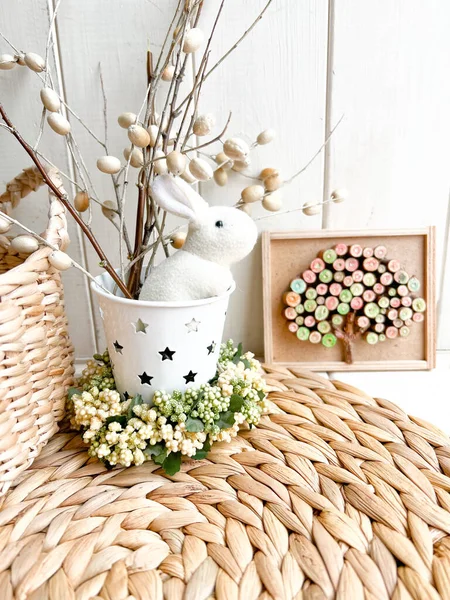 Festive Easter Table Setting Painted Unicorn Eggs Floral Decor Light — Stock Photo, Image