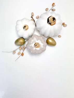 El yapımı seramik balkabağı koleksiyonu. Sonbahar tatillerinin arka planı beyaz renklidir. Çerçeve, mesaj için yer. Kapatın. Şükran Günü, sonbahar dekorasyonu. Kabak dekorasyonlu boş çerçevenin bir kopyası.