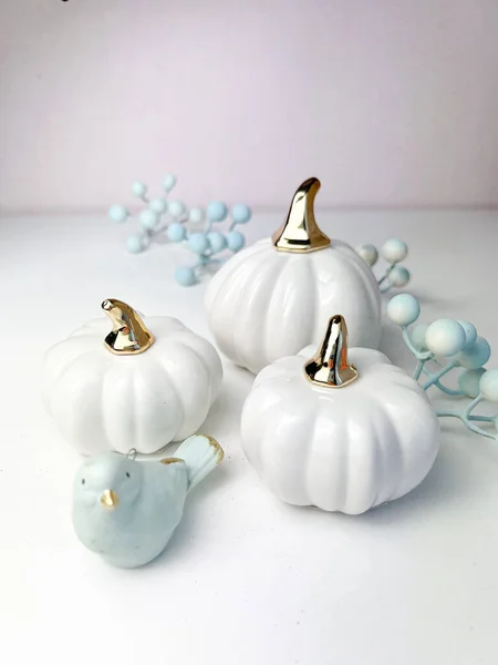 Collection Handmade Ceramic Pumkins Autumn Seasonal Holidays Background White Colors — Stock Photo, Image