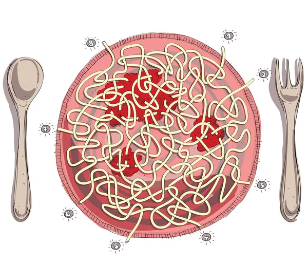 Spaghetti avec sauce tomate Labyrinthe jeu — Image vectorielle