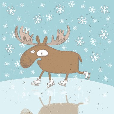 komik geyik buz pateni Noel kartı