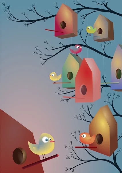 Birdhouses et oiseaux mignons — Image vectorielle