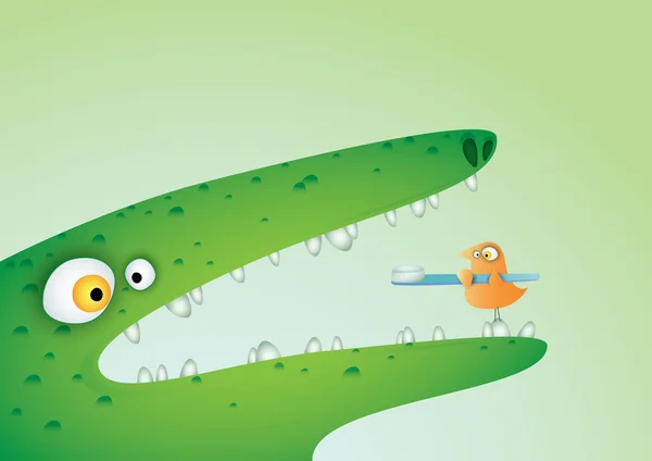 Crocodile et oiseau avec brosse à dents — Image vectorielle