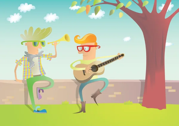 Dos Hipsters tocando la guitarra y la trompeta — Vector de stock