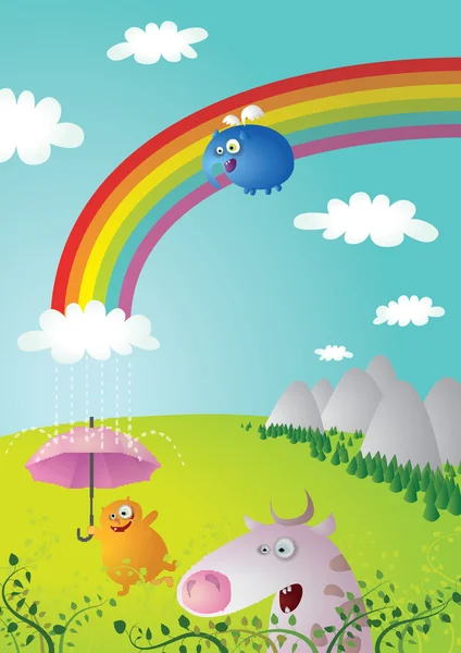Paisagem arco-íris com animais engraçados — Vetor de Stock