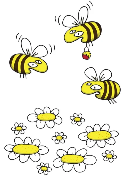 Miel de abejas y margaritas dibujado a mano de dibujos animados — Vector de stock