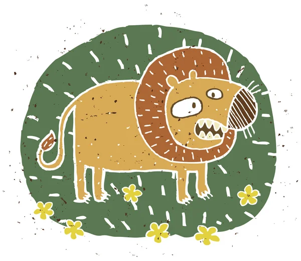 Handgezeichnete Grunge-Illustration des niedlichen Löwen auf floralem Hintergrund — Stockvektor