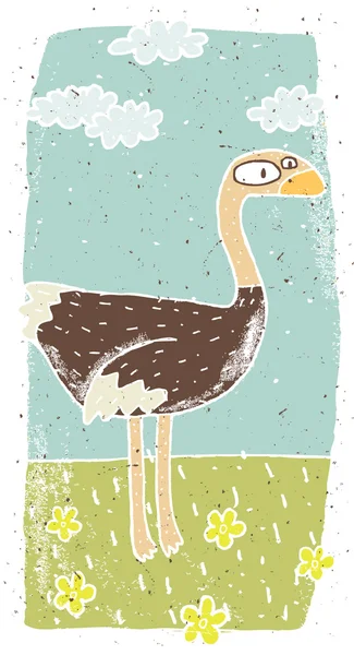 Ilustración grunge dibujado a mano de avestruz lindo en el ingenio de fondo — Vector de stock