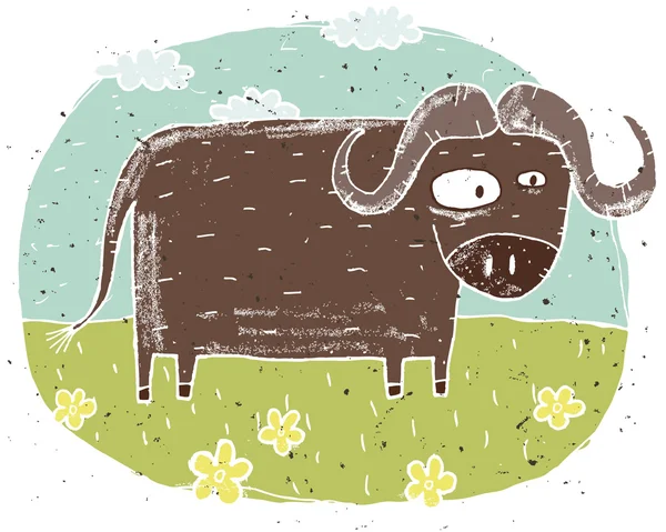 Hand dras grunge illustration av söta buffalo på bakgrunden wit — Stock vektor