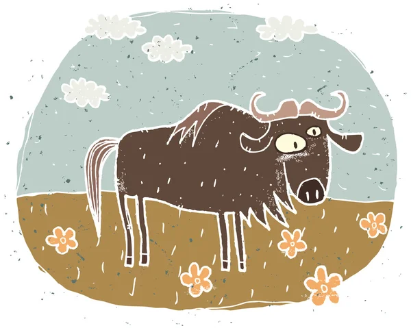 Hand drawn grunge illustration of cute gnu on background with fl — Stock Vector