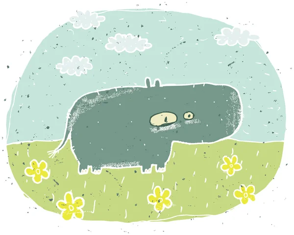 Hand drawn grunge illustration of cute hippo on background with — Stock Vector