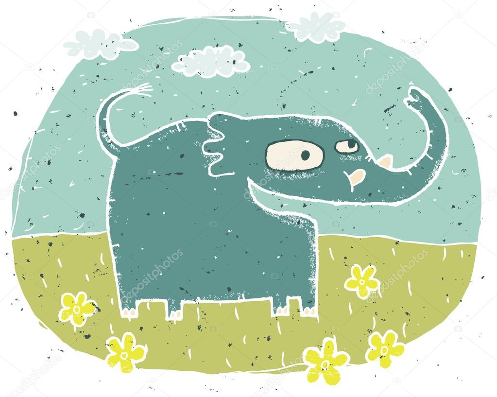 Hand drawn grunge illustration of cute elephant on background wi
