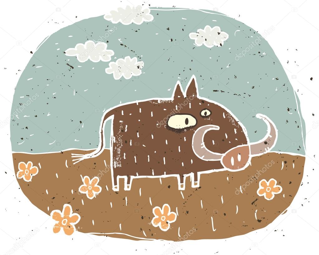 Hand drawn grunge illustration of cute warthog on background wit
