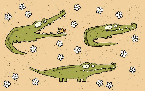 Hand drawn grunge illustration set of three cute crocodiles on f — Stock Vector