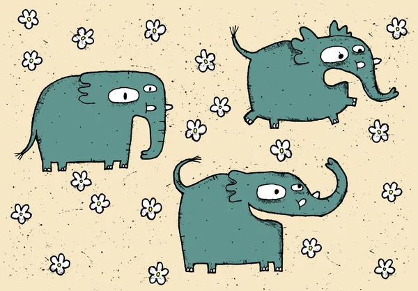Hand drawn grunge illustration set of cute elephants — Stock Vector