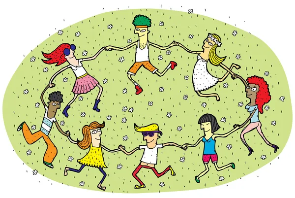 Young Dancing in a Circle on Green Grass Field with Flowe — Stock Vector