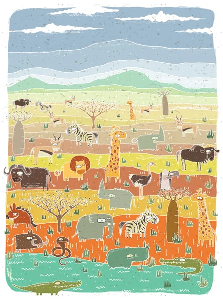 Grunge 非洲大草原背景上的动物 — 图库矢量图片