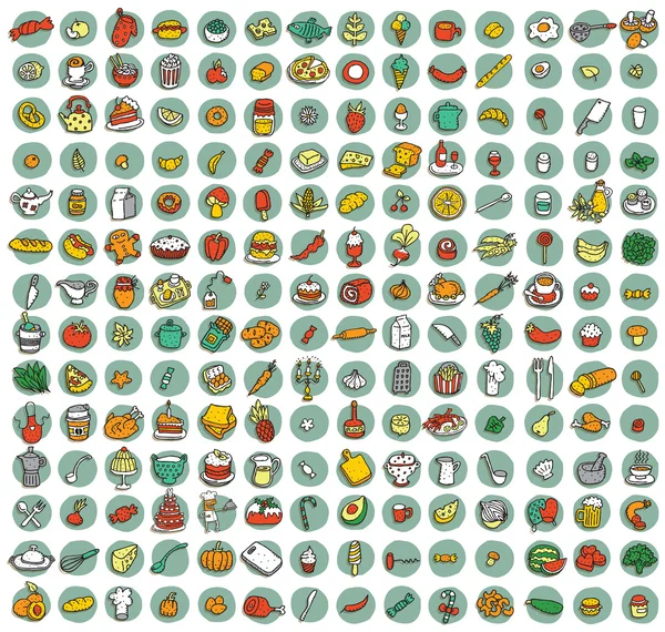 Collection de 196 icônes gribouillées de cuisine et de nourriture — Image vectorielle