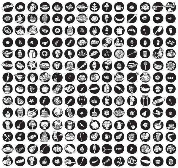 Samling 196 mat och kök doodled ikoner — Stock vektor