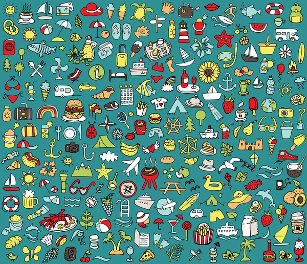 Grande collection d'icônes d'été et de vacances gribouillées — Image vectorielle