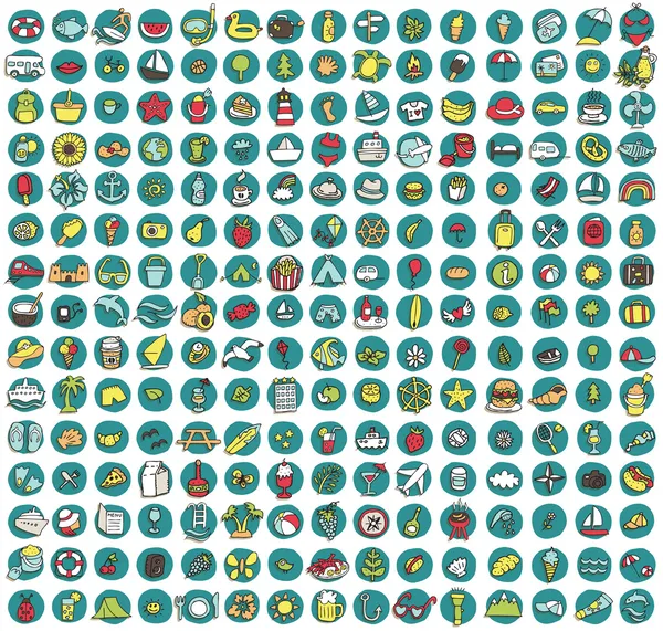 Collection de 225 icônes gribouillées d'été et de vacances — Image vectorielle