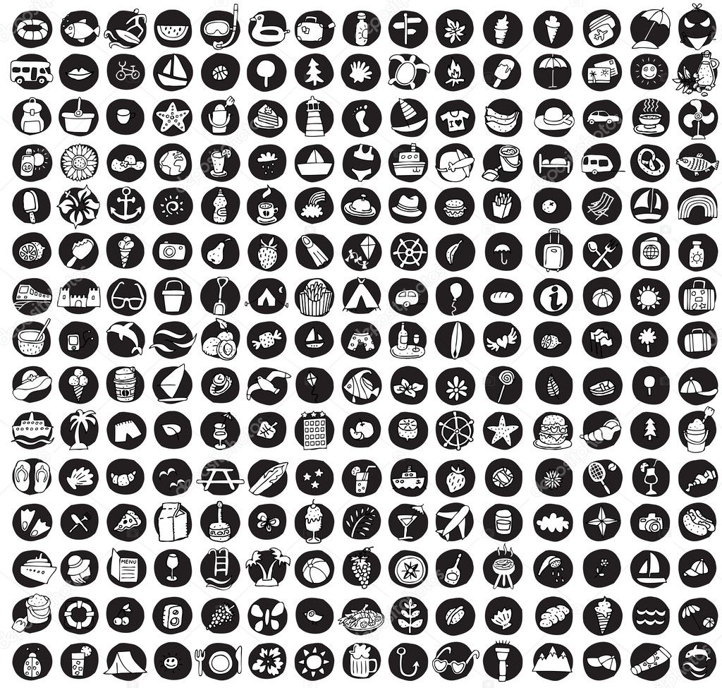 Collection of 225 summer and holiday doodled icons