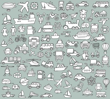 büyük doodled taşımacılık simgeleri koleksiyonunda siyah-beyaz