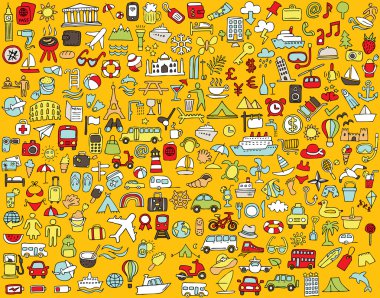 Big doodled travel and tourism icons collection