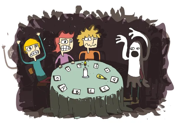 Ghost grappige cartoon met tieners communiceren naar andere wereld — Stockvector