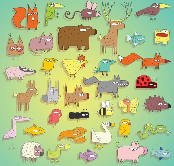 Collezione Funny Animals nei colori, con contorni e ombre — Vettoriale Stock