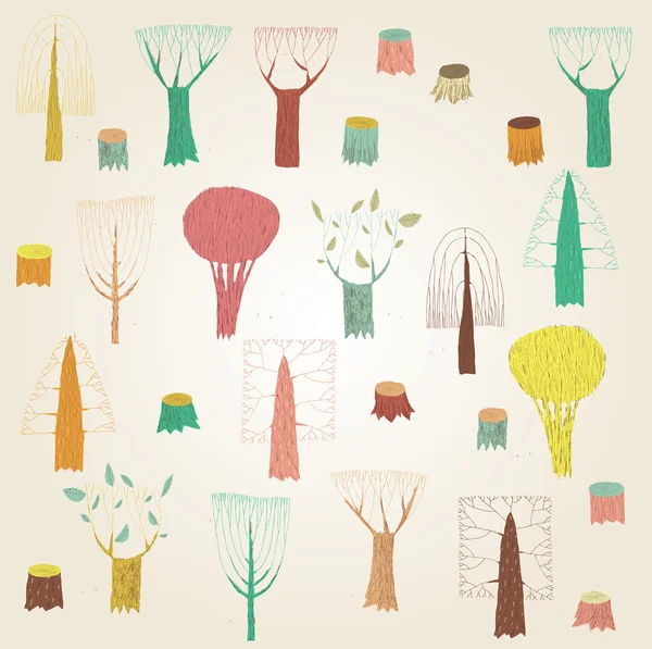 Big Grunge Trees Colección en colores, con texturas, en beige g — Vector de stock