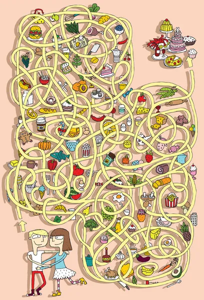Lebensmittel Labyrinth Spiel. Lösung in versteckter Schicht! — Stockvektor