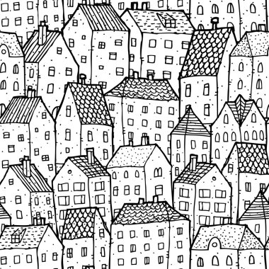 City seamless pattern in balck and white clipart