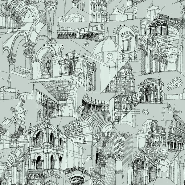 Histórica arquitectura italiana Collage patrón sin costuras — Vector de stock