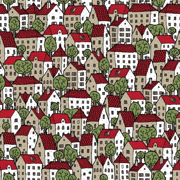 Modèle de ville sans couture dans les couleurs avec des arbres — Image vectorielle