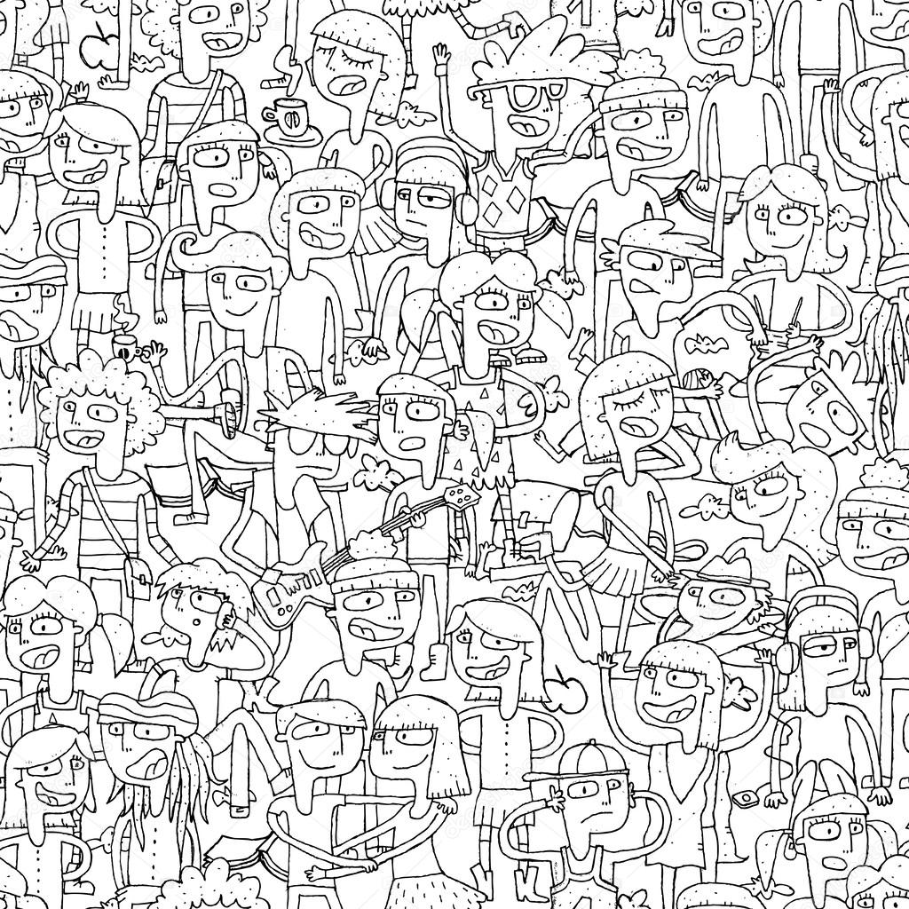 Singing children seamless pattern in black and white