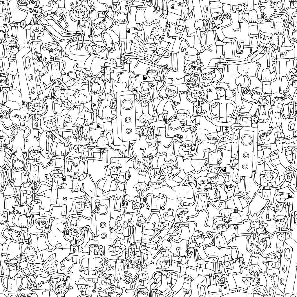 Dance party seamless pattern with doodled youngsters having fun 